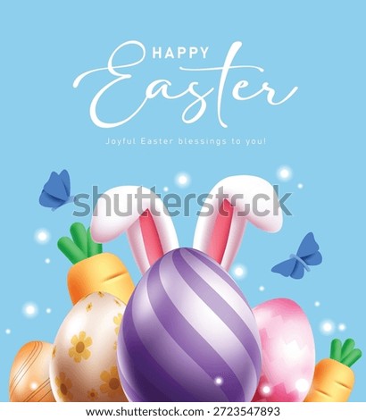 Happy Easter greeting card clipart poster design. Happy Easter greeting and joyful wishes clip art with colorful Easter egg, bunny ears and carrot decoration elements for seasonal celebration banner template vector illustration.

