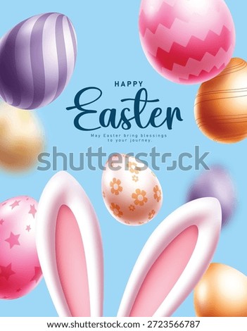 Happy Easter greeting card clipart poster design. Happy Easter greeting and wishes text with colorful printed and pattern Easter egg and bunny ears decoration elements clip art in blue background for seasonal banner template vector illustration.
