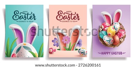 Happy Easter greeting card clipart poster set. Bunny Ears and colorful eggs clip art in birds nest cute decoration for Easter greeting card template, flyers and banner collection vector illustration.
