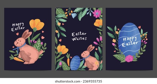 happy easter greeting card collection. easter egg, bunny  and floral watercolor illustration