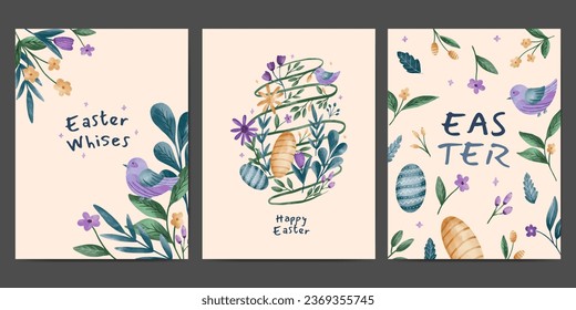 happy easter greeting card collection. easter egg, bird  and floral watercolor illustration