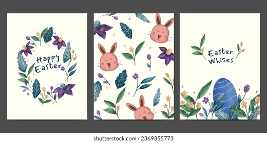 happy easter greeting card collection. easter egg, bunny  and floral watercolor illustration