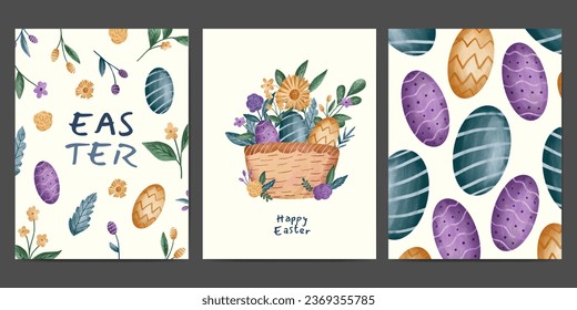 happy easter greeting card collection. easter egg and floral watercolor illustration