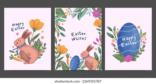 feliz colección de tarjetas de felicitación de Pascua. ilustración de huevo de pascua, conejito y acuarela floral