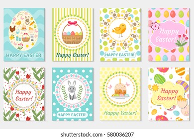 Happy Easter greeting card collection, flyer, poster. Spring cute set of templates for your design. Vector illustration.