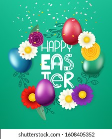 Happy Easter greeting card. Color eggs and flowers