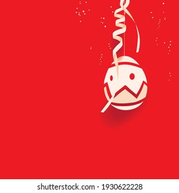 Happy Easter greeting card with color paper cut Easter Egg and confetti isolated on a red background