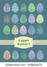 Happy Easter greeting card with colored eggs on grainy texture background