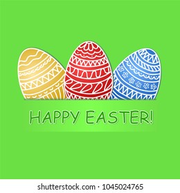 Happy Easter greeting card with colored eggs on green grass background, stock vector illustration