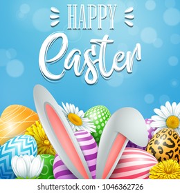 Happy Easter greeting card with colored eggs, flowers and bunny ears on blue background