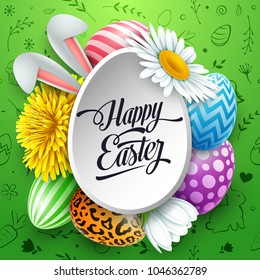 Happy Easter greeting card with colored eggs, flowers, bunny ears and cute doodles on green background