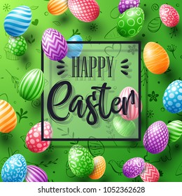 Happy Easter greeting card with colored eggs and frame on cute doodle background