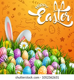 Happy Easter greeting card with colored eggs, flowers and bunny ears on cute doodles background