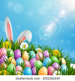 Happy Easter greeting card with colored eggs, flowers and bunny ears on sunlight background