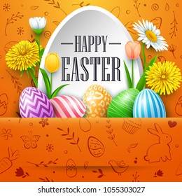Happy Easter Greeting card with colored eggs and flowers on cute doodles background