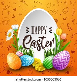 Happy Easter greeting card with colored eggs, flowers, on doodle cute background