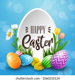 Happy Easter greeting card with colored eggs, flowers on blue background