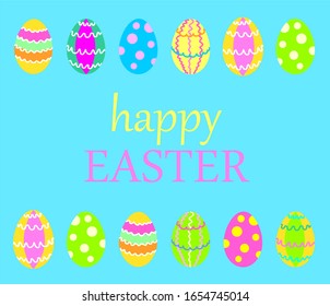 Happy easter greeting card with colored happy eggs on blue background. Spring Easter greeting 