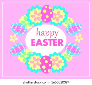 Happy easter greeting card with colored happy eggs and flowers. Spring Easter background, vector, eps 10