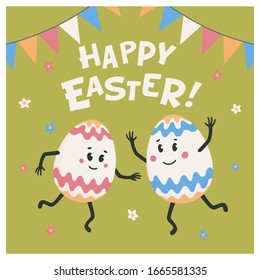 Happy easter greeting card. Colored eggs with cute faces dancing on a green lawn. Easter eggs friends with funny faces. Egg hunt. Flat style vector illustration
