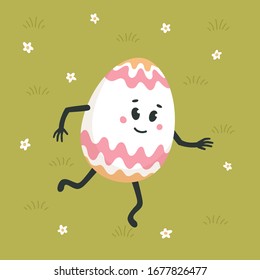 Happy easter greeting card. Colored egg with cute face dancing on a green lawn. Egg hunt. Flat style vector illustration