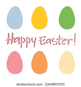 Feliz tarjeta de saludo de Pascua con huevos de colores aislados en un fondo blanco. Dibujo manual de dibujos de dibujos de dibujos de dibujos de caricaturas de dibujos planos vectoriales. Rosa, amarillo, naranja, azul, verde, beige, colores pastel