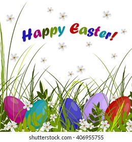 Happy Easter greeting card. Colored eggs hidden in green grass with white flowers. Vector illustration on white background.