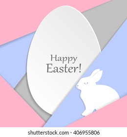 Happy Easter greeting card. Colored background in material design style with paper egg and rabbit.