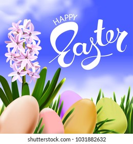 Happy Easter greeting card. Colorful Easter eggs and beautiful blooming hyacinth flower in green grass at blue sky background. Spring design template. EPS10.