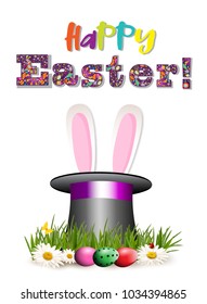 Happy Easter greeting card with colorful lettering, cartoon pink bunny or rabbit ears sticking out of top hat cylinder on grass with chamomile flowers, dyed eggs isolated on white background. Vector.