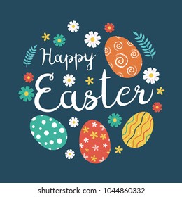 Happy Easter Greeting Card with Colorful Eggs and Flowers