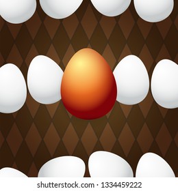 Happy easter greeting card with colorful golden egg and white eggs on brown background. Vector Happy easter creative concept illustration
