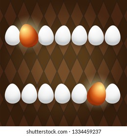 Happy easter greeting card with colorful golden egg and white eggs on brown background. Vector Happy easter creative concept illustration