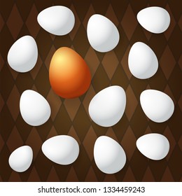 Happy easter greeting card with colorful golden egg and white eggs on brown background. Vector Happy easter creative concept illustration