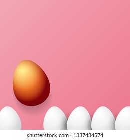 Happy easter greeting card with colorful golden egg and white eggs on pink background. Vector Happy easter creative concept illustration