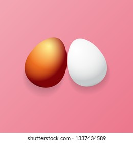 Happy easter greeting card with colorful golden egg and white eggs on pink background. Vector Happy easter creative concept illustration