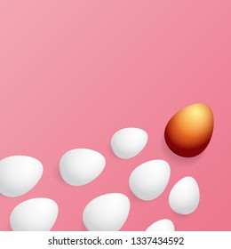 Happy easter greeting card with colorful golden egg and white eggs on pink background. Vector Happy easter creative concept illustration