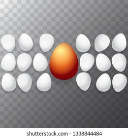 Happy easter greeting card with colorful golden egg and white eggs isolated on transparent background. Vector Happy easter creative concept illustration