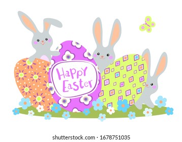 Feliz tarjeta de felicitación de Pascua con huevos coloridos y conejito sobre fondo blanco. Ilustración vectorial para el día de Pascua