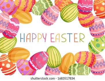 Happy Easter greeting card with easter colorful eggs. Vector illustration in simple flat style. Colored stock illustration