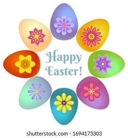  Feliz tarjeta de felicitación de Pascua. Huevos coloridos dispuestos en un marco circular. Ilustración vectorial en estilo simple aislado en blanco.