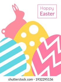 Happy Easter greeting card with colorful eggs and pink rabbit. Can be used for ad, promotion, poster, flyer, web-banner, article.