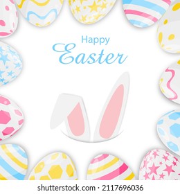 Happy easter greeting card with colorful eggs and rabbit ears