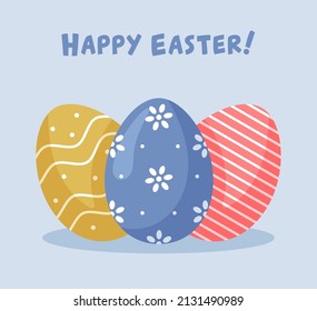 Happy Easter. Greeting card with colorful decorated eggs. Vector illustration in flat cartoon style.