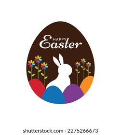 Feliz Pascua, tarjeta de saludo. Diseño colorido de Pascua con tipografía, conejito, flores y huevos.