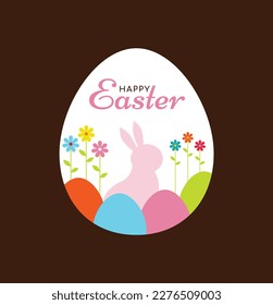 Happy Easter, greeting card. Colorful Easter design with typography, bunny, flowers, and eggs.