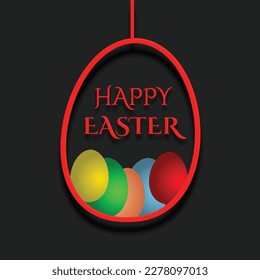 Feliz tarjeta de felicitación de Pascua. Huevos coloridos sobre fondo negro. Ilustración del vector