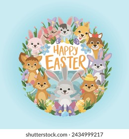 Happy Easter greeting card ,Colorful Happy Easter greeting card with rabbit, bunny and text