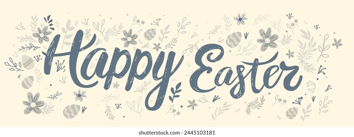 Tarjeta de felicitación de Pascua feliz con huevos coloridos y flores de primavera celebración de vacaciones Anuncio Horizontal