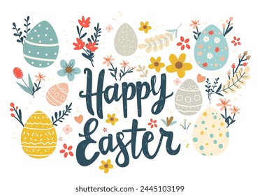 Happy Easter greeting card with colorful eggs and flowers spring holiday celebration banner horizontal